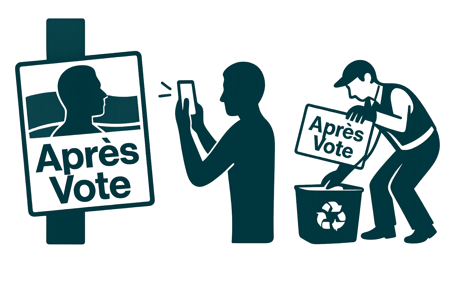 AprèsVote illustration showing citizens reporting campaign posters with mobile phones and recycling them